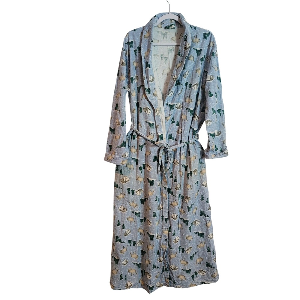 Cabelas Womens Blue Flannel Robe Moose Cabin Winter Print Cotton Medium VTG USA